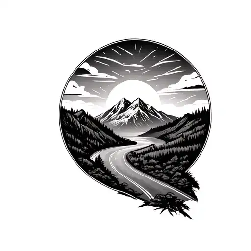 Black And White Graphic Tattoo Round Shape Road In The Mountains Sunset