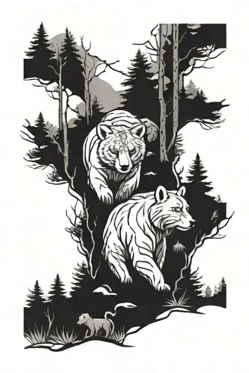 Line And Three Cubs Walking In The Forest