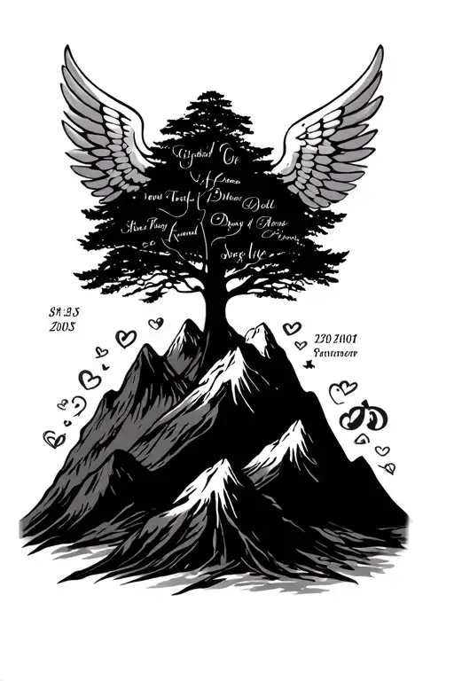 Family Tree With 5 Birth Dates Plus Wings And A Date Of Birth And Possibly Mountains