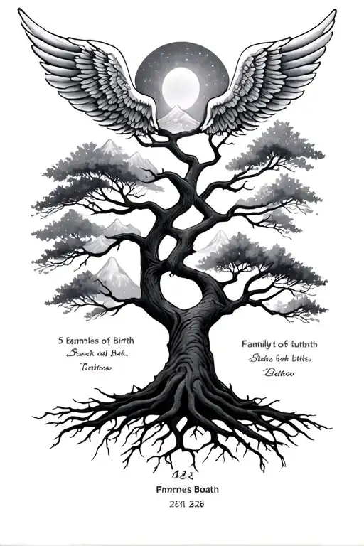 Family Tree With 5 Birth Dates Plus Wings And A Date Of Birth And Possibly Mountains