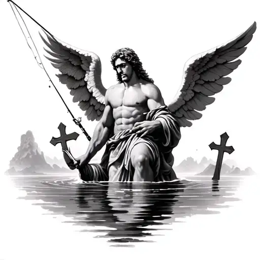 Male Angel Fishing In Heaven With Water And Crosses