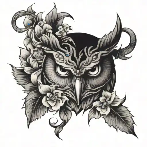 Owl And Oni Mask And Flowers