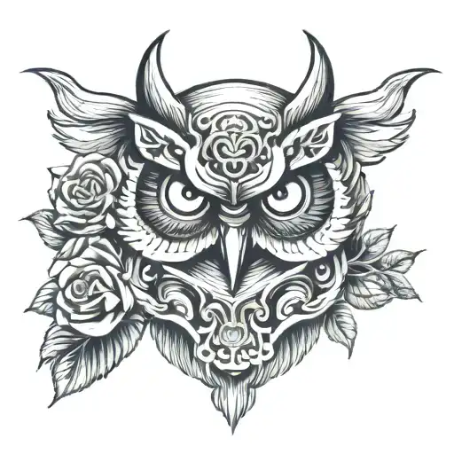 Owl And Oni Mask With Roses And