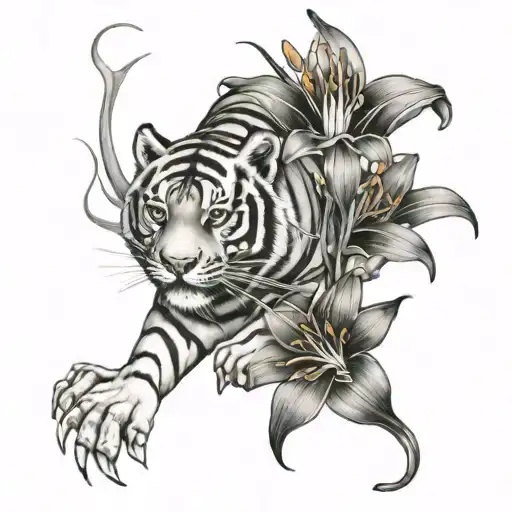 Crouching Tiger With Flame Lily Flower Intertwined