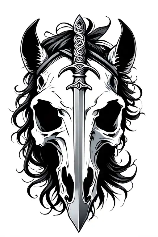 Sword Piercing Horse Skull Thick Bold Lines And Celtic Influences