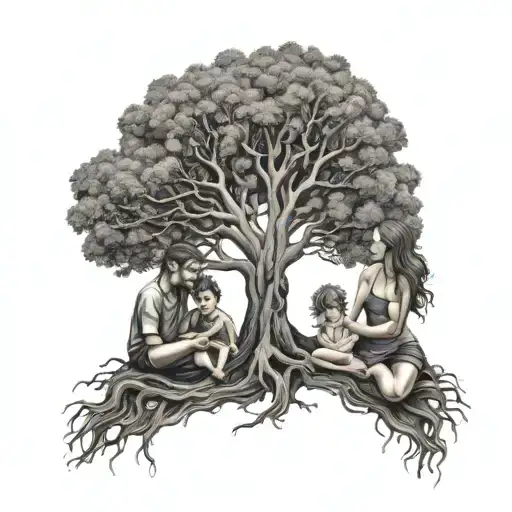 Tree Of Life With Two Children And Mother Holding Hands