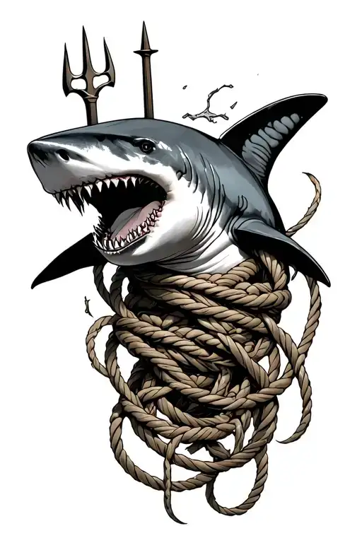 Shark With Trident Tangled In Ropes Knotted Together