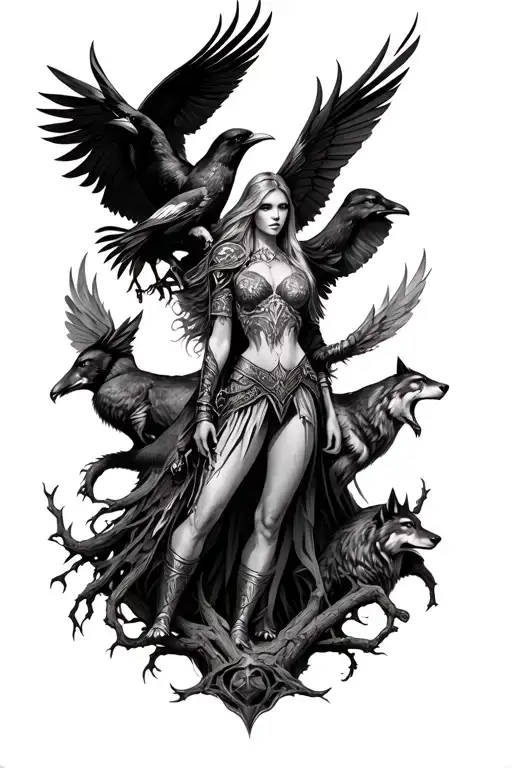 Valkyrie Warrior With Crows Wolves And World Tree