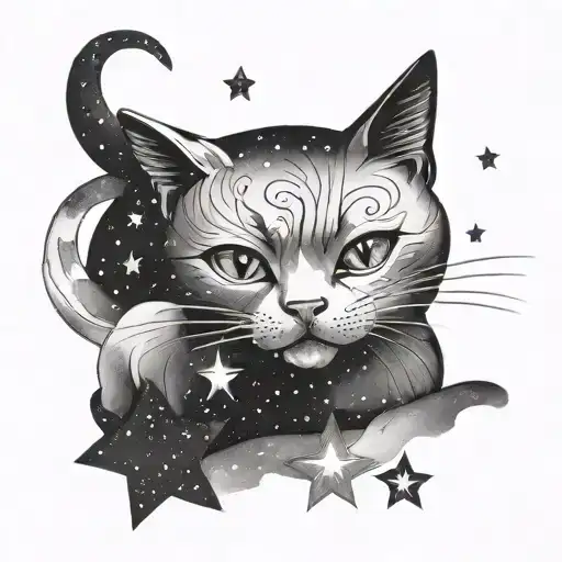 Japanese Cat In Starry Night Sky