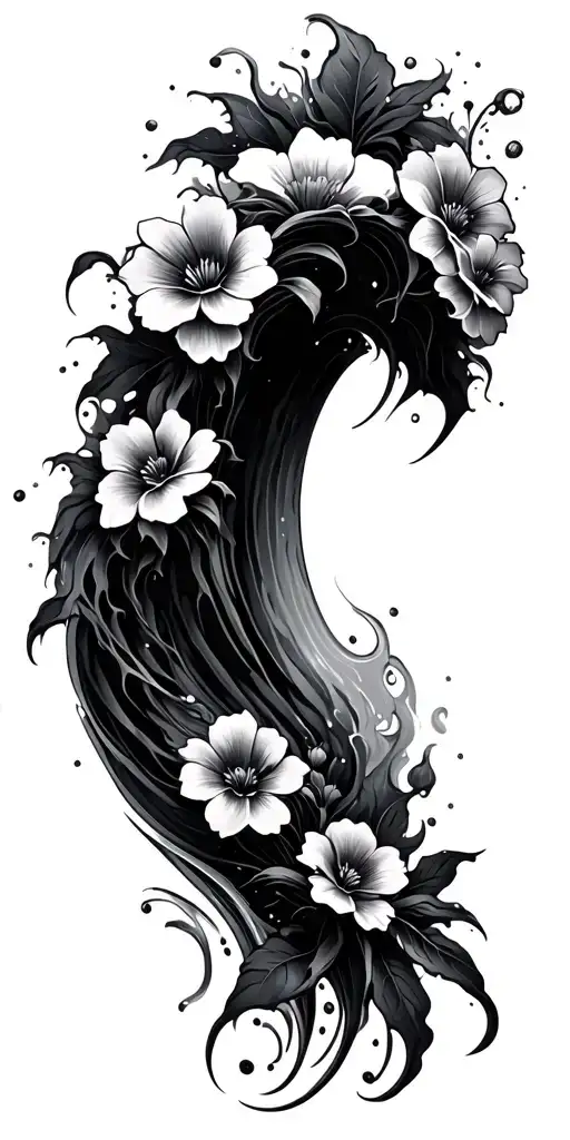 Wave Crashing With Flowers Intertwined