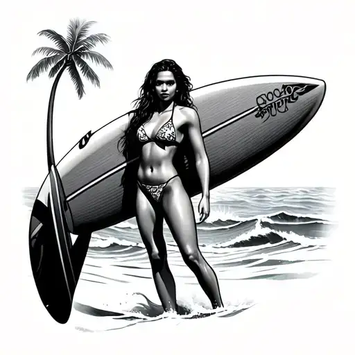 Bikini Surfer Holding Board