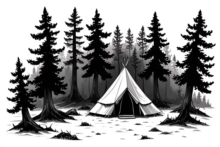 Forest With Little Tent Surrounded By Trees