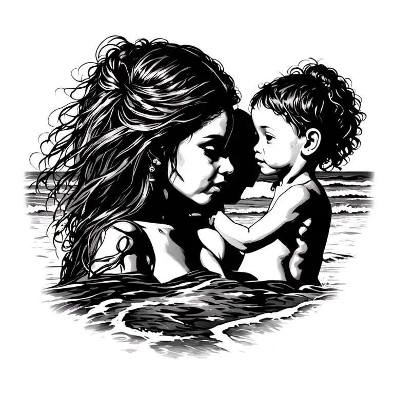 A Woman And Her Child In The Distance On Beach