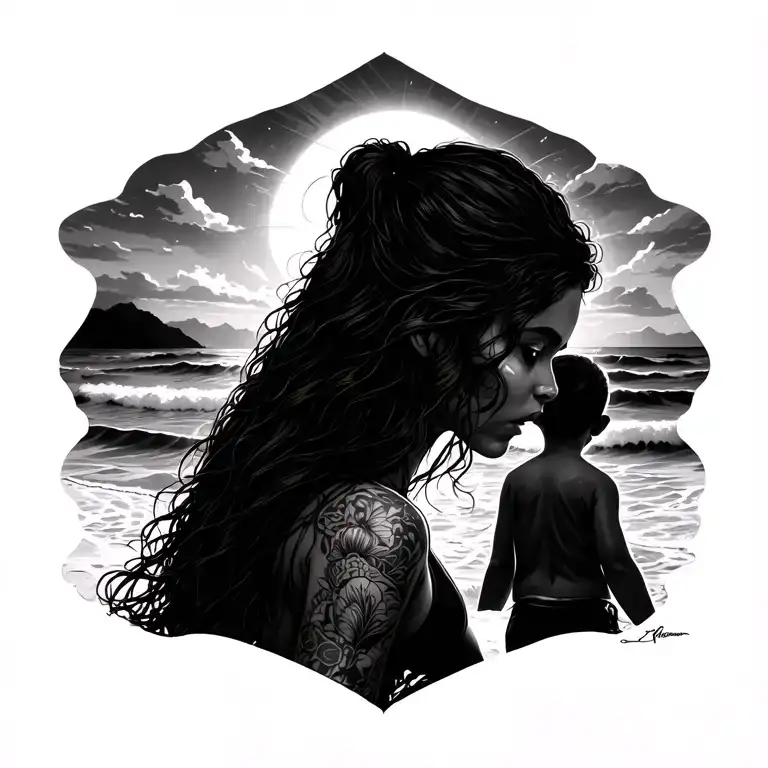 A Woman And Her Child In The Distance On Beach