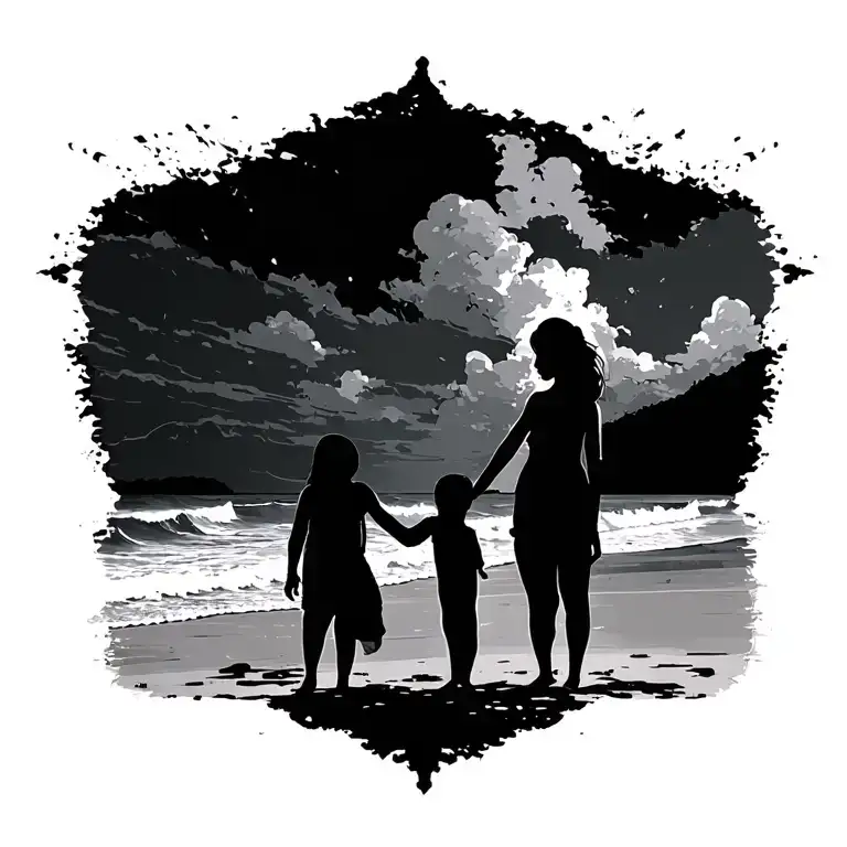 A Woman And Her Child Standing Far Away On Beach