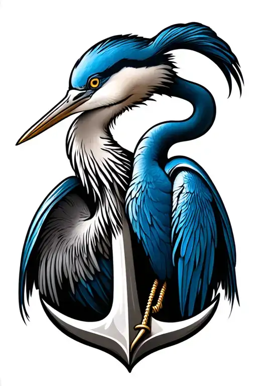 Simplistic Blue Heron And Anchor Intertwined
