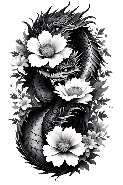 Floral Pattern With Small To Medium Sized Flowers And A Dragon Weaving Through Them