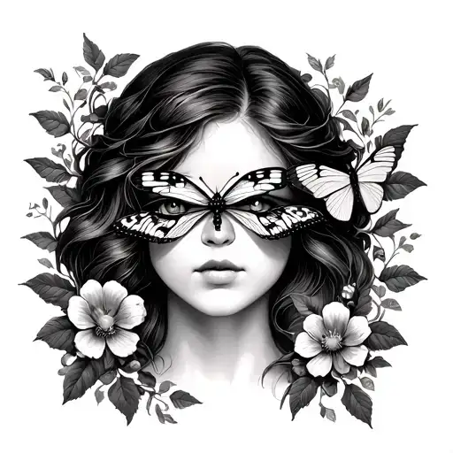Womans Face Covered Eyes With Butteryfly Surrounded By Vines And Flowers