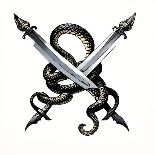 Black Bands Wrist And Elbow Snake Wrapping Forearm Between Bands And Two Swords