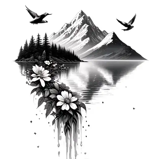 Moutain Above With Lake Trickling Down To Flowers And Doves