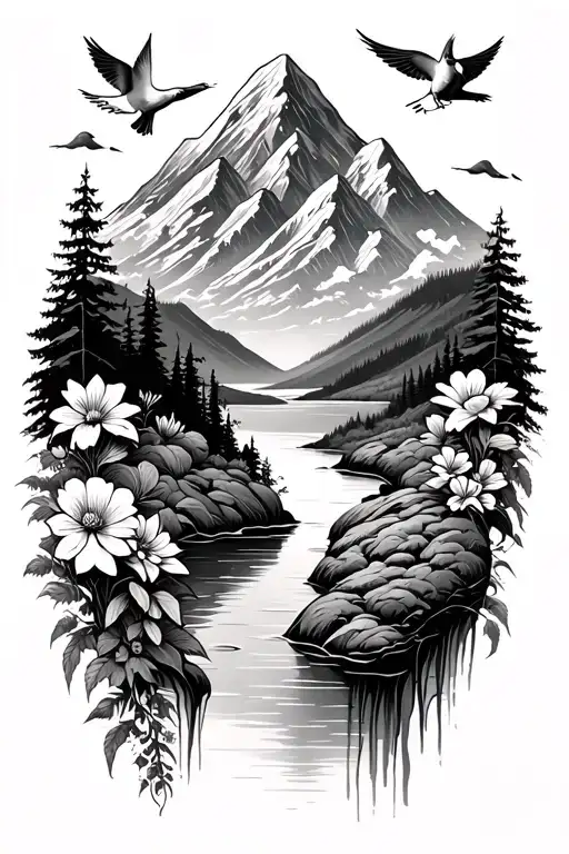 Moutain Above With Lake Trickling Down To Flowers And Doves