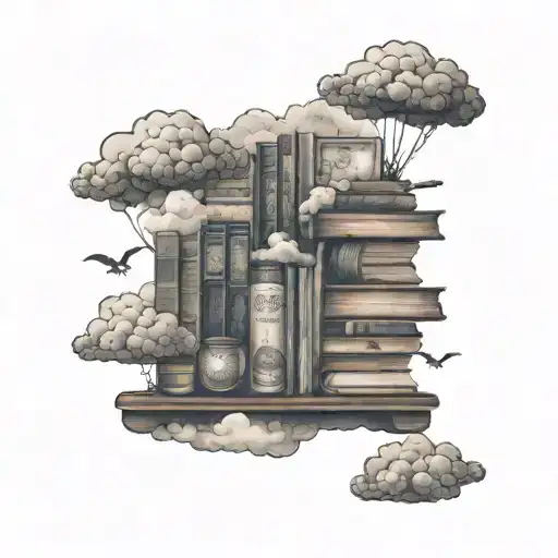 A Bookshelf Filled With Adventure Novels Floating Among The Clouds