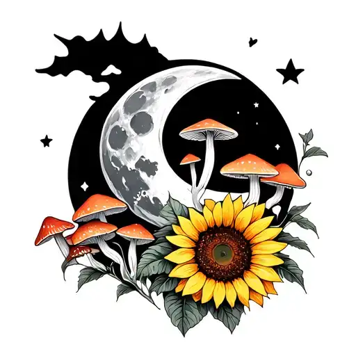 Cresent Moon With Magic Mushrooms And Sunflower