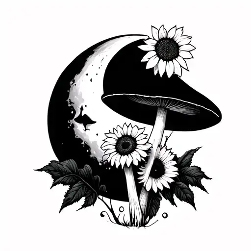 Cresent Moon With Magic Mushrooms And Sunflower