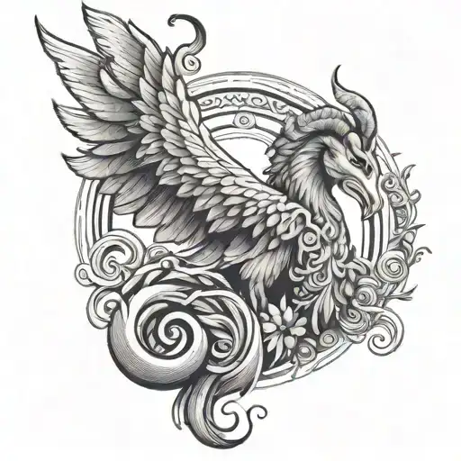 Aries Ram With White Eyes And Flowy Snake Hair Into A Phoenix Bird