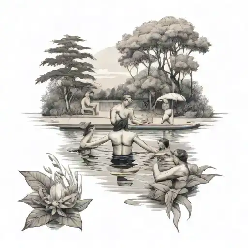 A Family Of Swimmers Enjoying A Relaxing Day At The Pool Surrounded By Nature