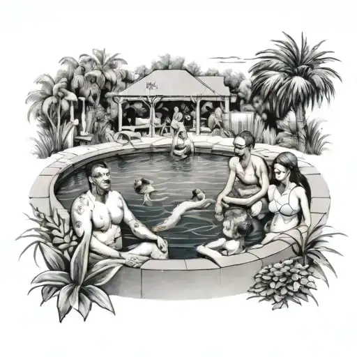 A Family Of Swimmers Enjoying A Relaxing Day At The Pool Surrounded By A Backyard Oasis