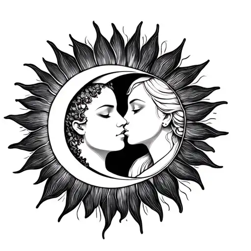 The Sun And The Moon Kissing Or Cuddling Together