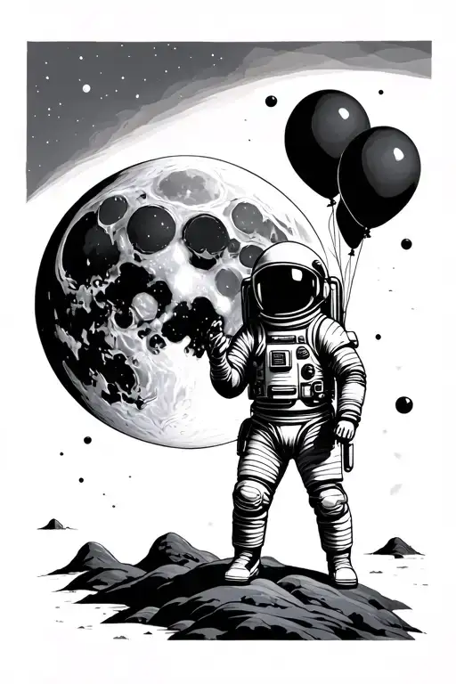 Astronaut And Balloons And Moon Merging Together