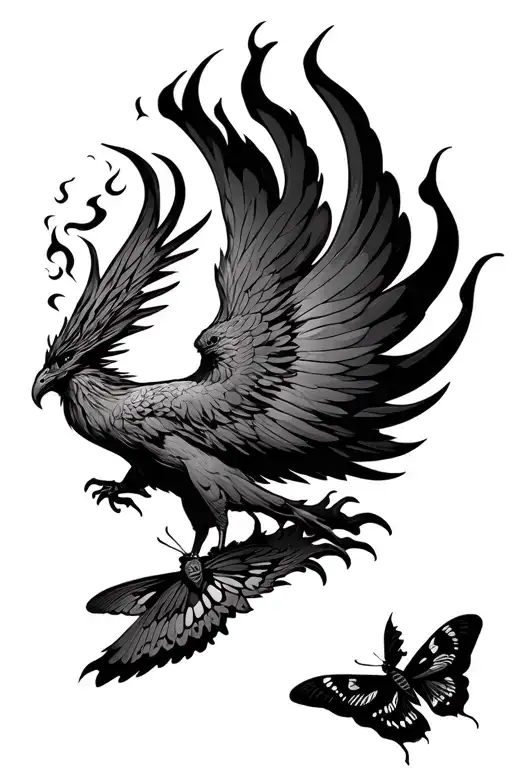 Phoenix Rising From Flames With Large Moths Flying