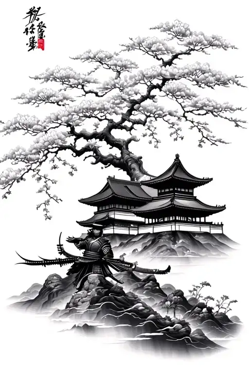Japanese Tattoo With Cherry Blossom Tree And Palace And Samurai