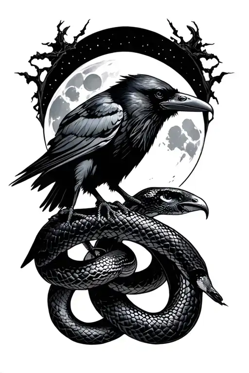 Raven With A Snake Wrapping Around Its Legs And A Moon Behind