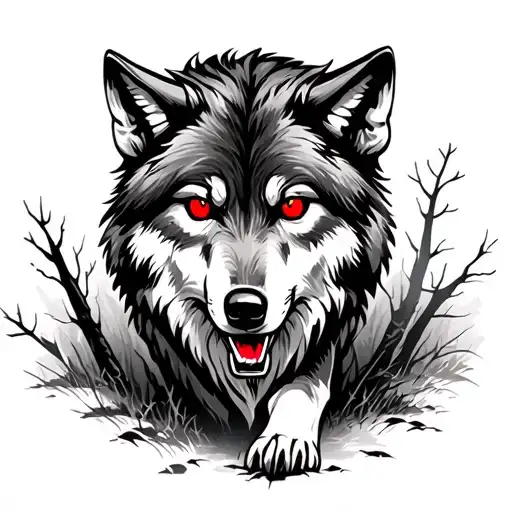 Wolf Walking In Woods With Blood Eyes
