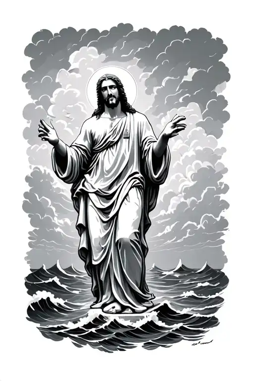 Statue Christ With Sea And Storm Clouds