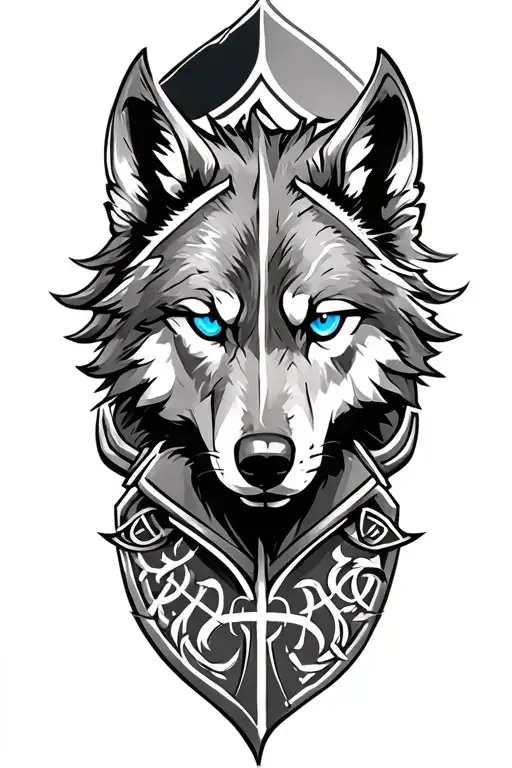 Wolf With Blue Eyes On Armor Tattoo Design Featuring Norse Symbols