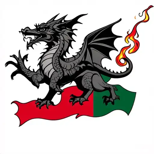 Welsh Flag And Dragon Breathing Fire