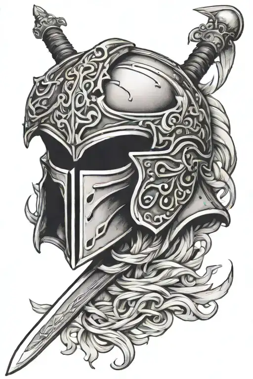 Warriors Helmet Leaning On Angelic Sword