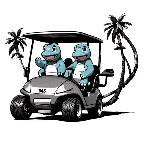 Totodile And Squirtle Riding In A Golf Cart