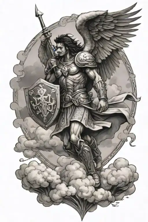 St Micheal Coming From The Clouds With A Shield In Hand