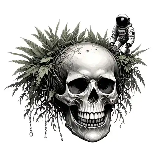 Skull With Vegetation Growing Out Of It With An Astronaut Tethered To The Skull