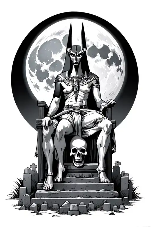 Anubis Sitting On A Throne Of Skull In The Middle Of A Cemetery With A Full Moon In The Background