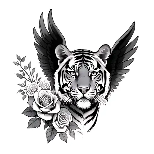 Tiger With Angel Wings And Roses Growing