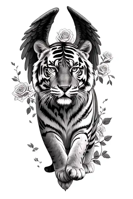 Tiger With Angel Wings And Roses Growing