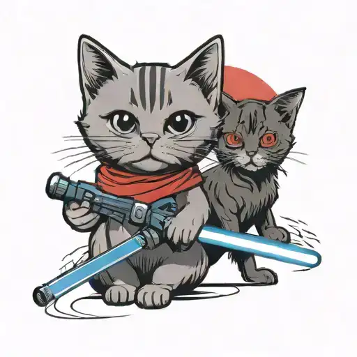 A Cat With A Blue Light Saber Against A Dog With A Red Light Saber