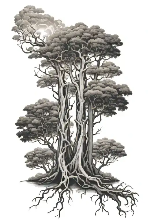 6 Tall Trees With Connecting Roots Symbolizing Family And Faith