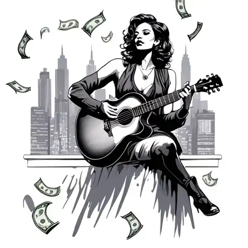 An Elegant Woman Playing A Guitar On A Rooftop With A Skyline Of Money Raining Down